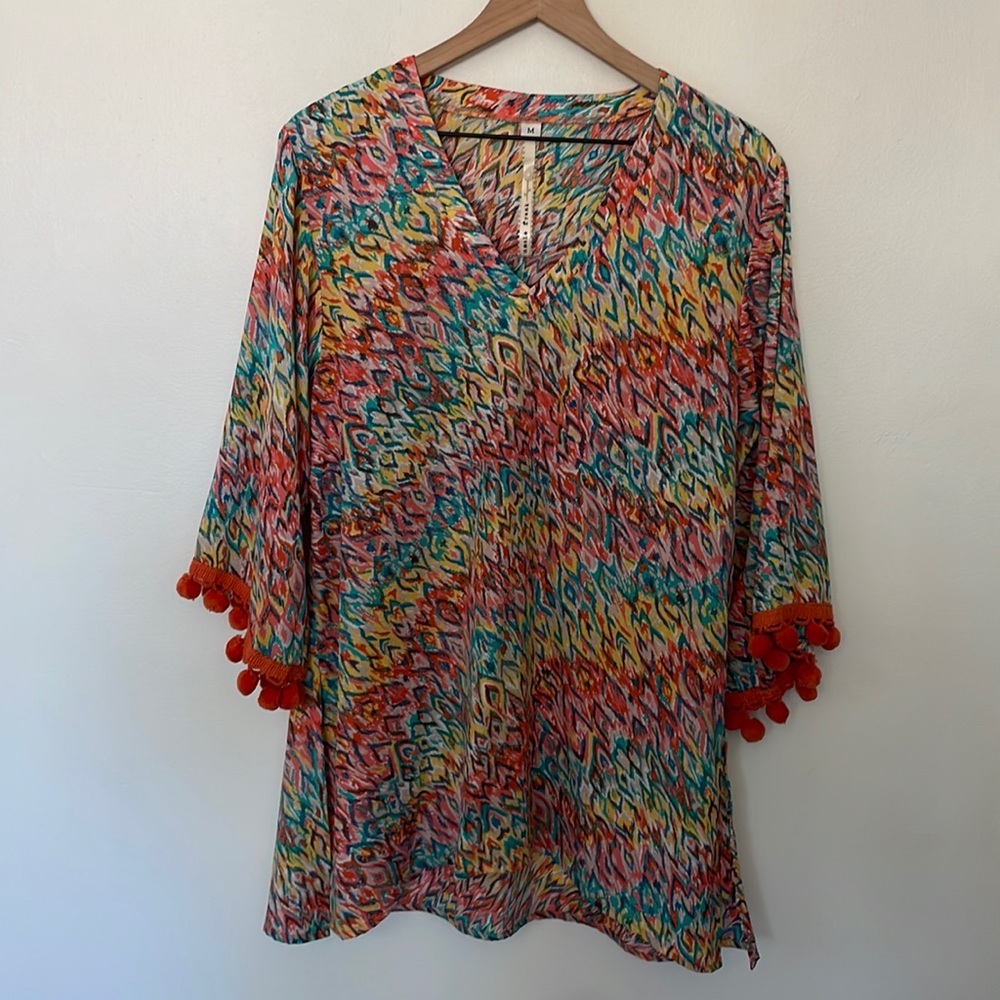 Anthropologie | Uncle Frank | Rainbow Multicolor Kimono Pom Pom Tunic Medium